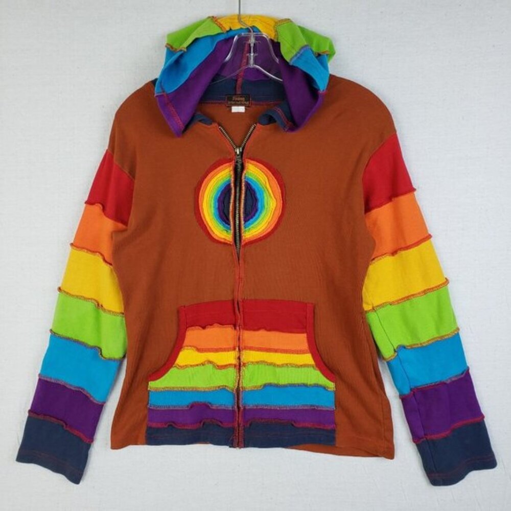 Vintage Rising International Y2K Hoodie Rainbow Applique Rave Hippie sz M Boho